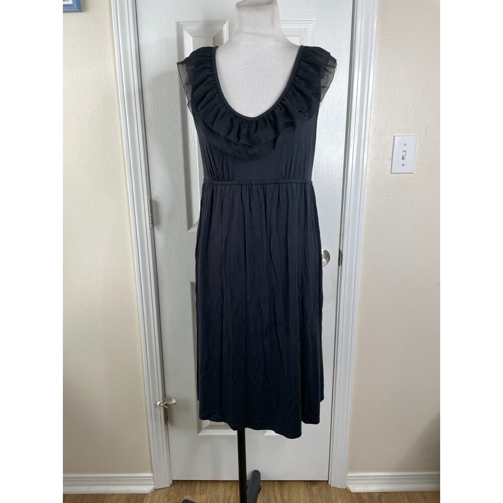 ANN TAYLOR LOFT Black Sleeveless Stretch Rayon Ruffle Neck Dress Size Medium